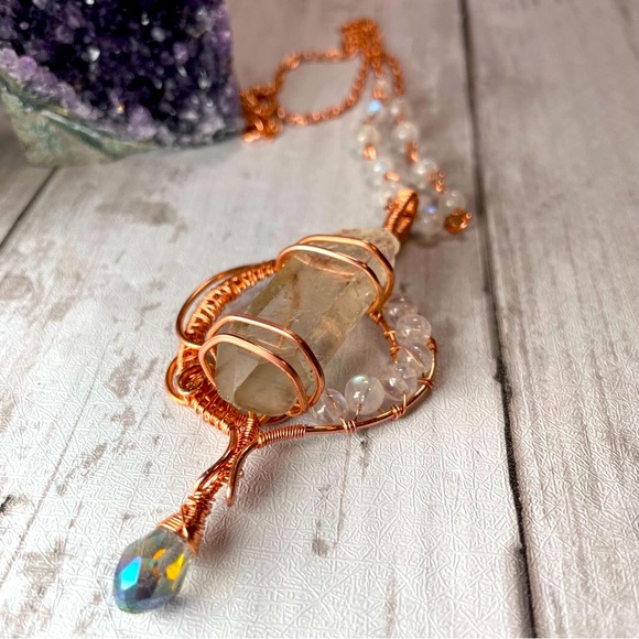 Natural Moonstones With A Large Clear Quartz Crystal Copper Wrapped Necklace - Picture 1 of 17